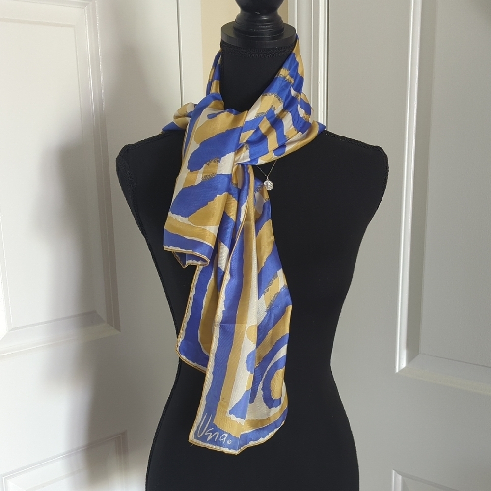 Vera Long Silk Scarf Abstract Design Blue Gold White Quiet Luxury Designer - Picture 5 of 13